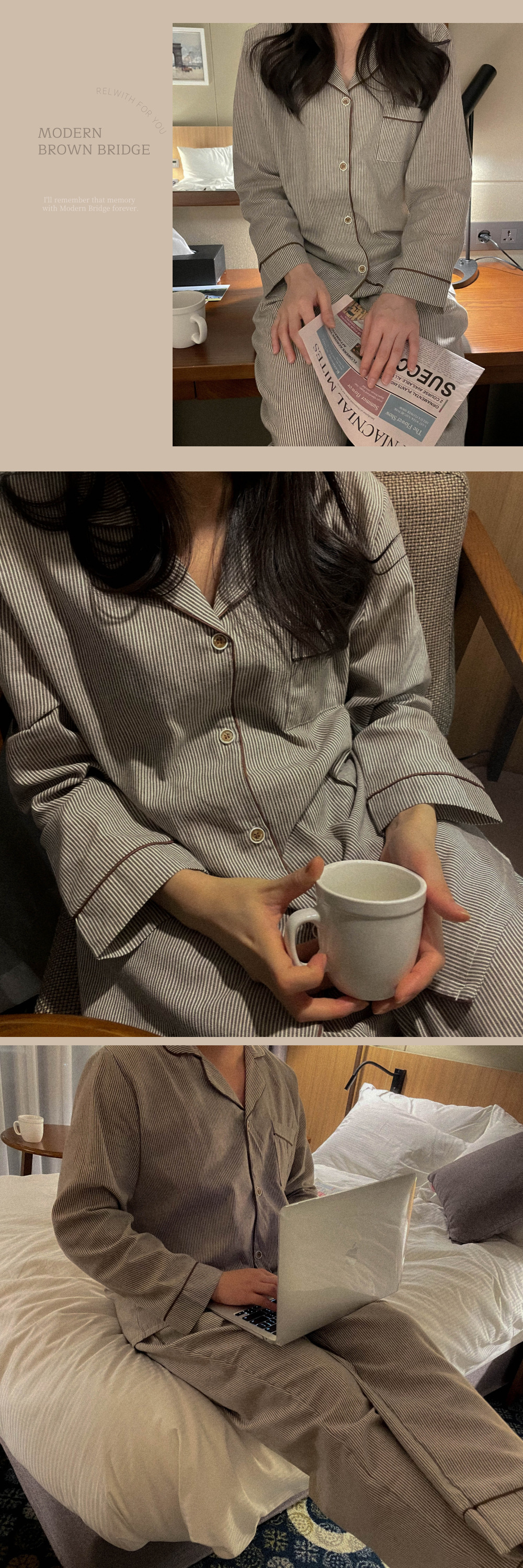 💖당일💖크리스마스 연말 모던 스트라이프 커플 잠옷 파자마 홈웨어 브라운 그레이 겨울 파티 상세 이미지 15