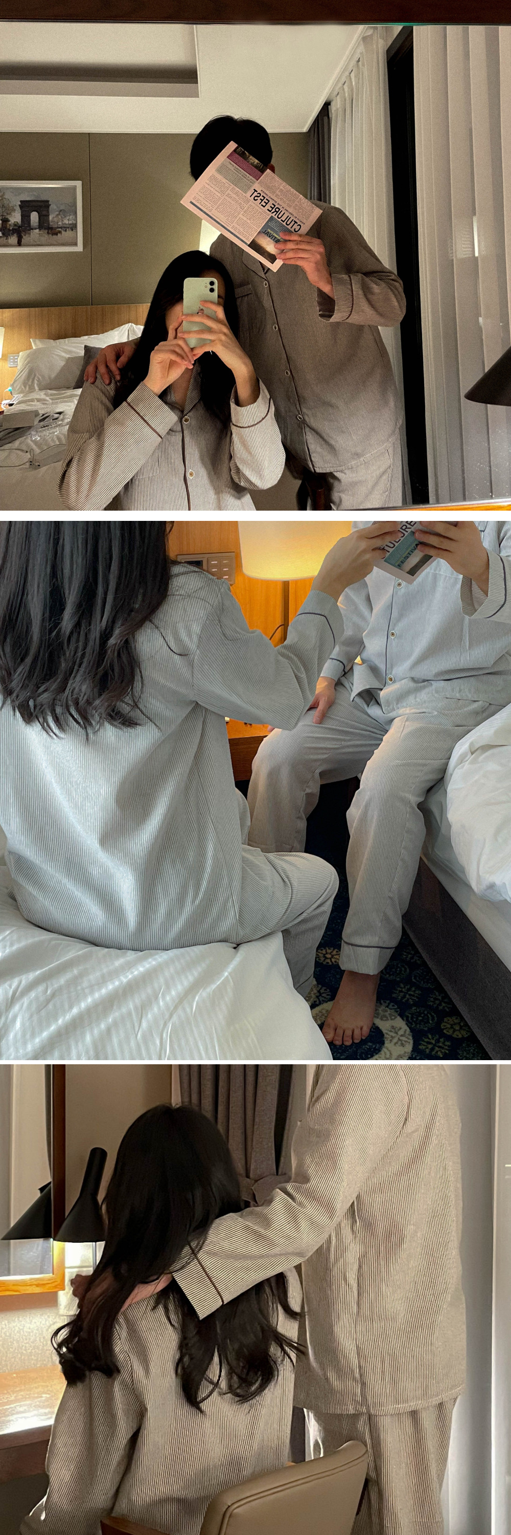 💖당일💖크리스마스 연말 모던 스트라이프 커플 잠옷 파자마 홈웨어 브라운 그레이 겨울 파티 상세 이미지 17